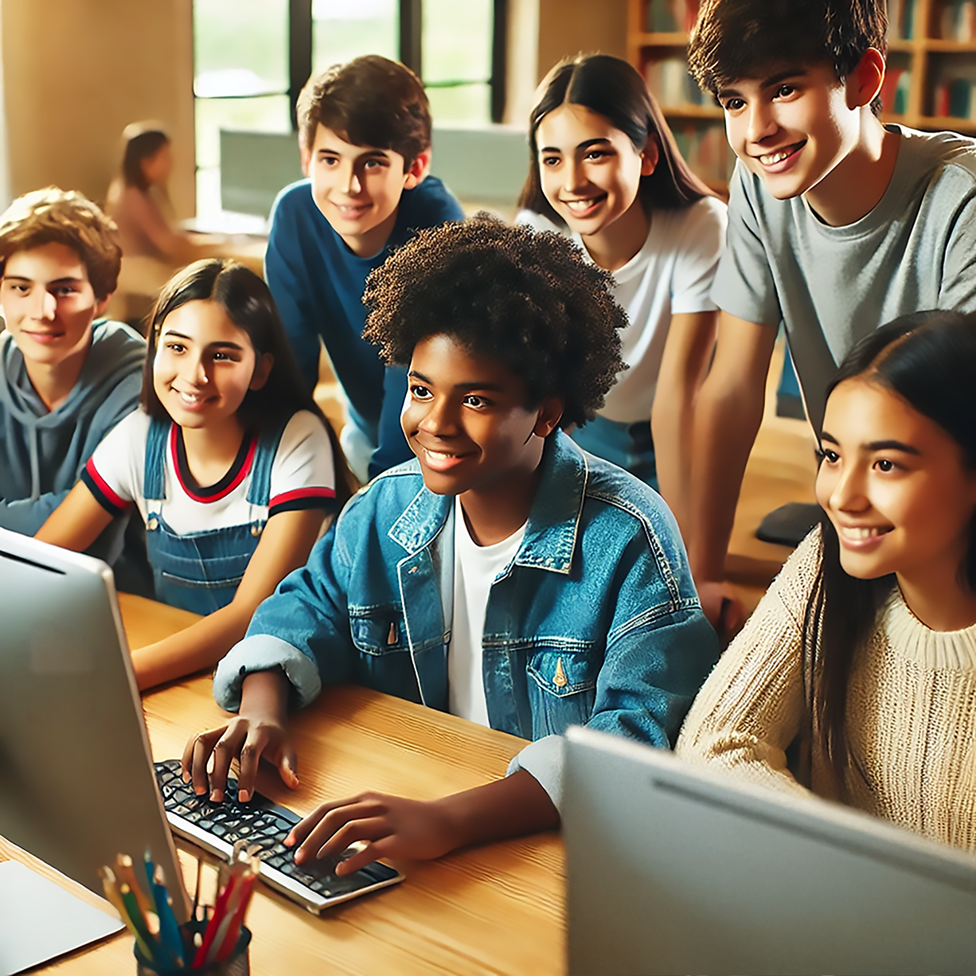 hero image - edited students looking at chatbot